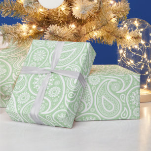 White Vintage Paisley Custom Green Background Wrapping Paper