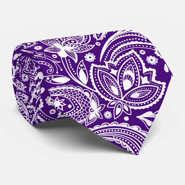 White vintage paisley on purple background tie (Rolled)
