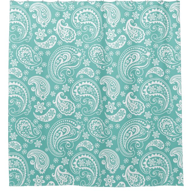 White Vintage Paisley On Turquoise Background Shower Curtain (Front)