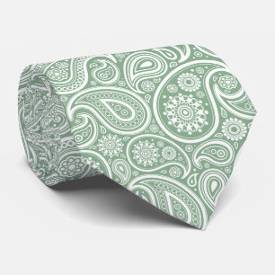 White Vintage Paisley Pattern Muted Green Back Tie