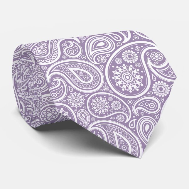 White Vintage Paisley Pattern Muted Purple Tie (Rolled)