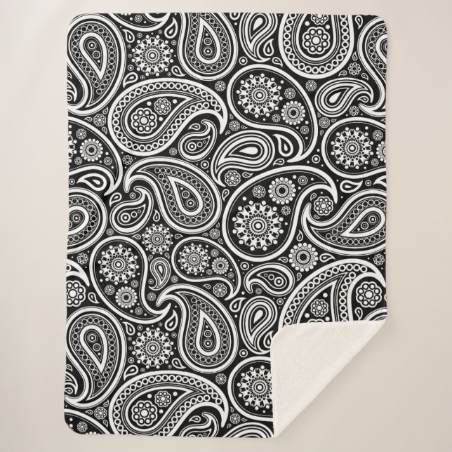 White Vintage Paisley Pattern On Black Sherpa Blanket (Front)