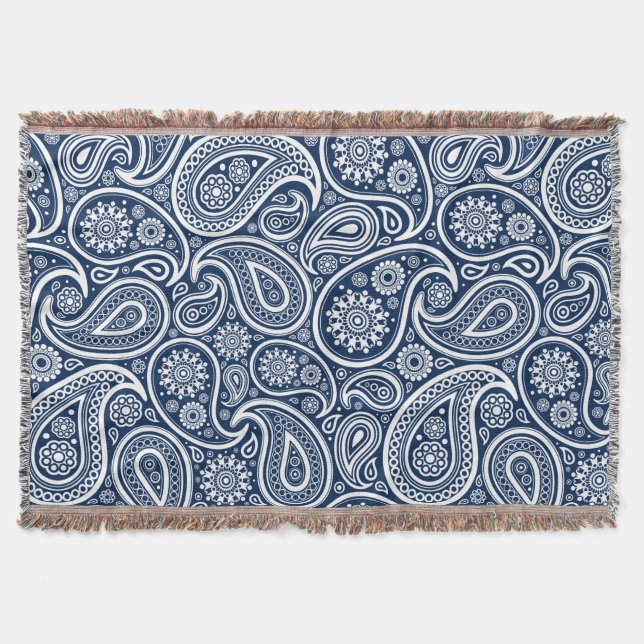 White Vintage Paisley Pattern On Royal Blue Throw Blanket (Front)