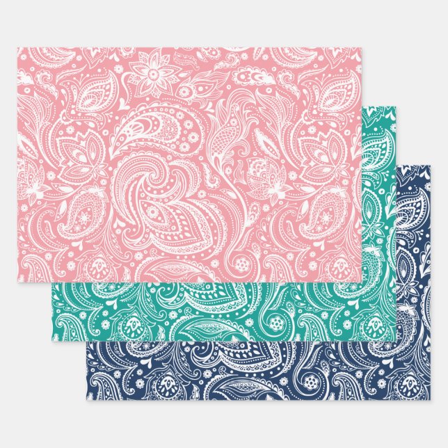 White vintage paisley patterns wrapping paper sheet (Set)