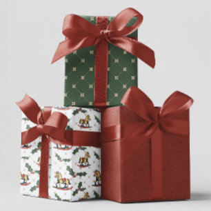 White Vintage Rocking Horse Holly Christmas Wrapping Paper Sheet