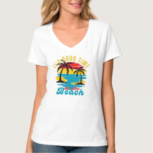 White Vintage Sunrise Sunset Nature Beach V-Neck  T-Shirt