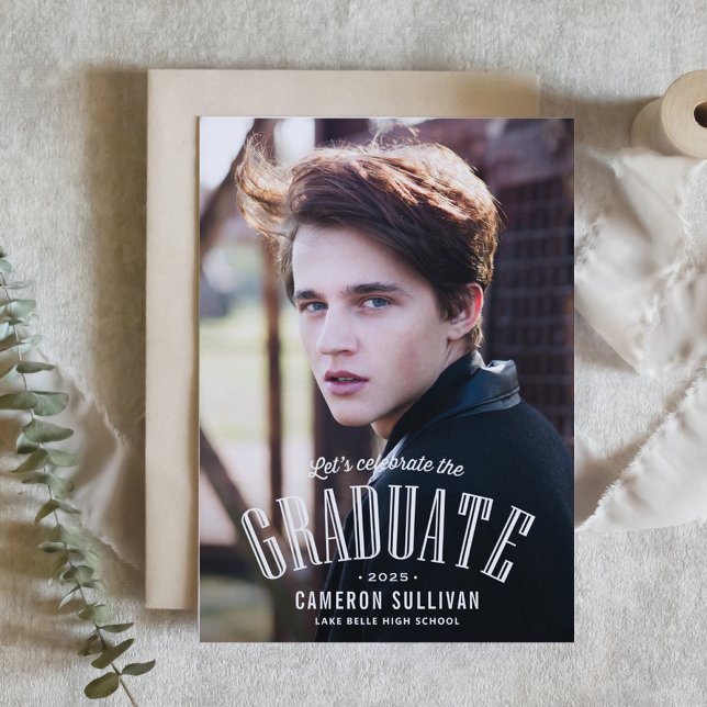 White Vintage Typography Photo Graduation Invitation (Customizable class of 2025 photo graduation invitation featuring vintage lettering. )
