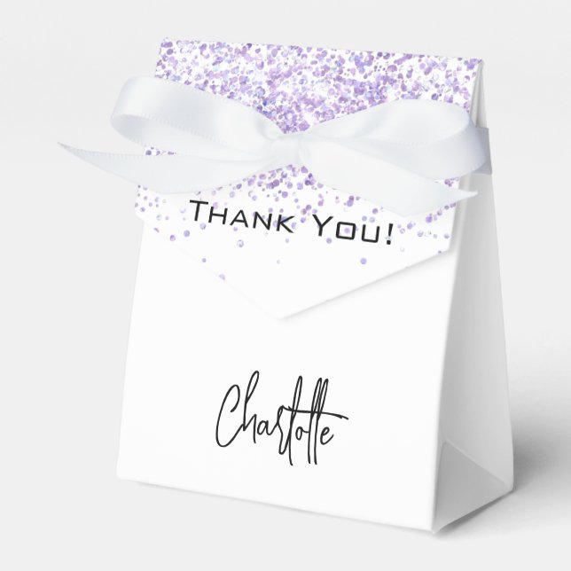 White violet glitter sparkles name thank you favour box (Front Side)
