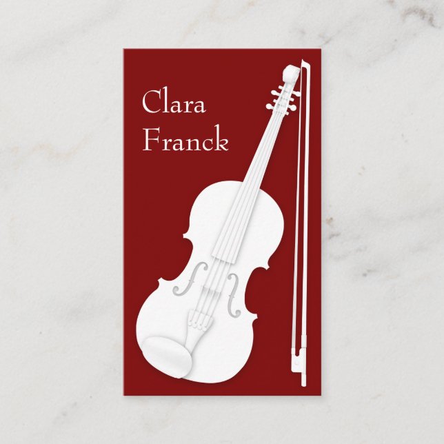White Violin & Bow Elegant Scarlet String Player Business Card (Front)