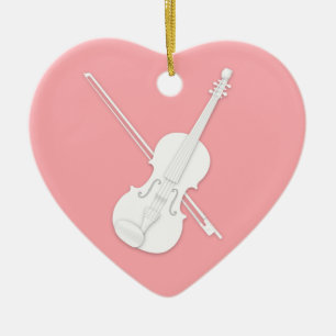 White Violin & Bow Mauve Pink Custom Heart Ceramic Tree Decoration