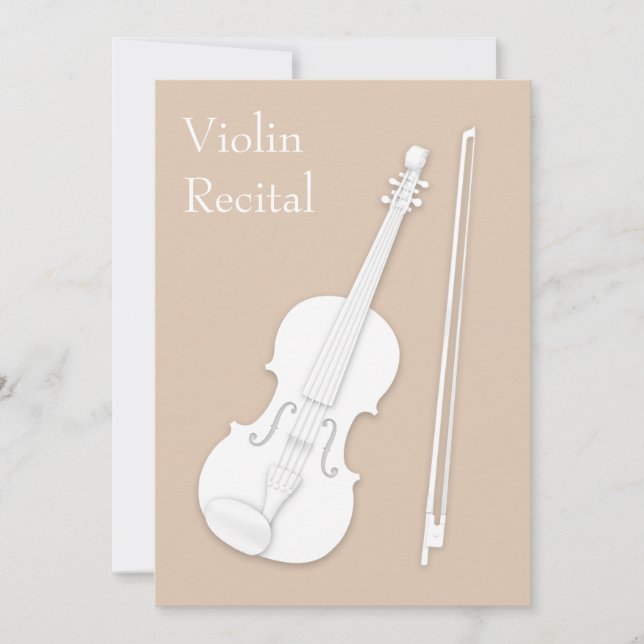 White Violin & Bow Music Recital Concert Beige Invitation (Front)