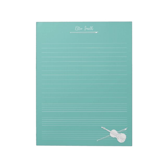 White Violin & Bow Personalised Music Class Aqua Notepad (Rotated)