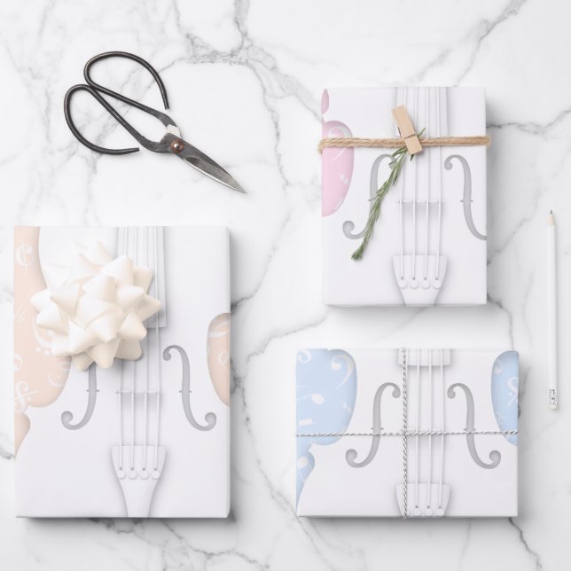 White Violin & Music Symbols Peach Pink Blue Wrapping Paper Sheet (Front)