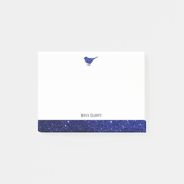 White w/ Blue Faux Glitter Bird & Border + Name Post-it Notes (Front)