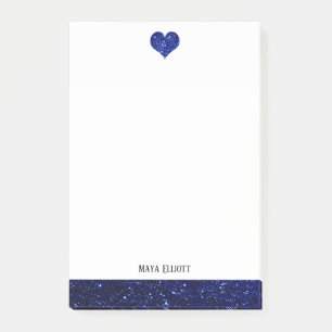 White w/ Blue Faux Glitter Heart & Border + Name Post-it Notes