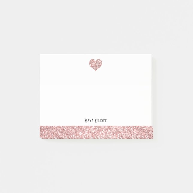 White w/ Rose Gold Faux Glitter Heart & Border Post-it Notes (Front)