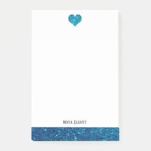 White w/ Teal Faux Glitter Heart & Border + Name Post-it Notes