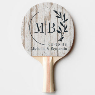 White Wash Wooden Boards Leaf Wedding Monogram Ping Pong Paddle