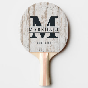 White Wash Wooden Boards Monogram & Name Overlay Ping Pong Paddle