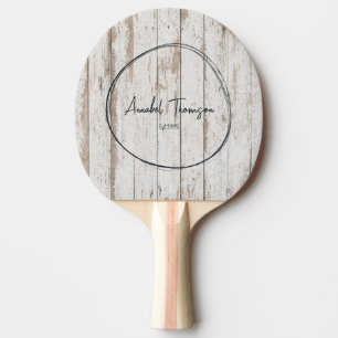 White Wash Wooden Boards Name in Drawn Circle Ping Pong Paddle