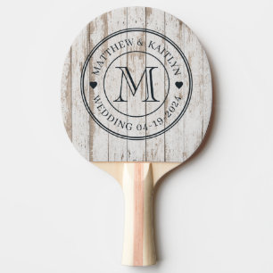 White Wash Wooden Boards Wedding Monogram Heart Ping Pong Paddle