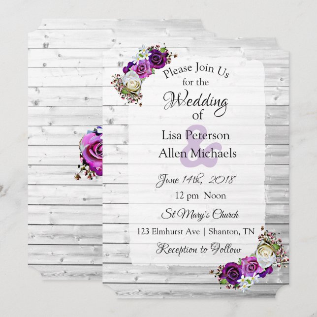 White Washed Wood Purple Roses Wedding invitations (Front/Back)