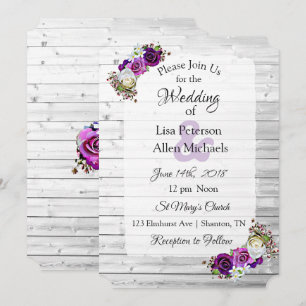 White Washed Wood Purple Roses Wedding invitations