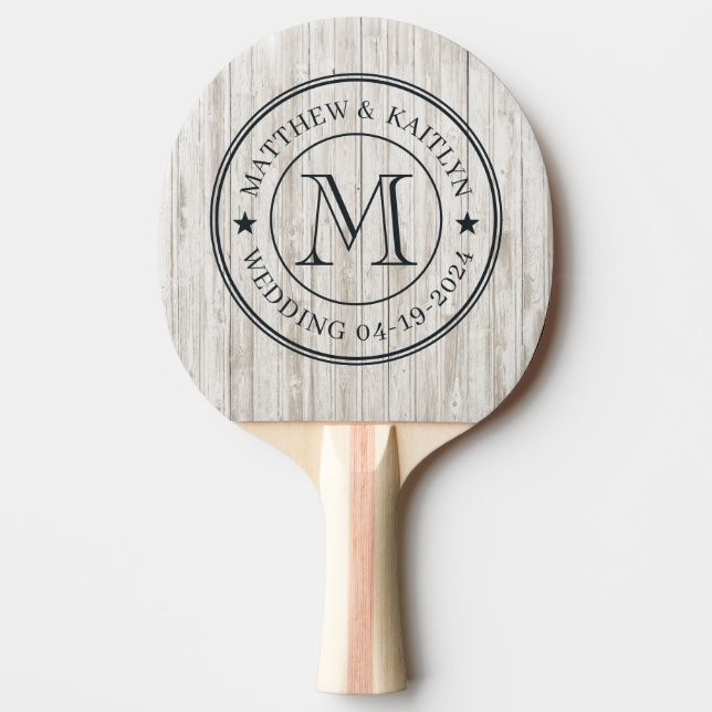 White Washed Wood Wedding Monogram Star Ping Pong Paddle (Front)
