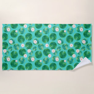 White Water Lily Flowers & Lily Pad Pattern Beach Towel