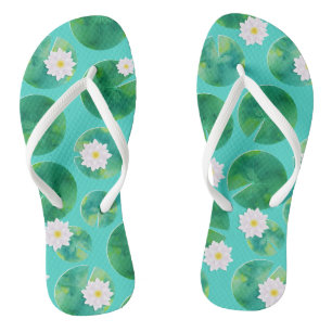 White Water Lily Flowers & Lily Pad Pattern Flip Flops