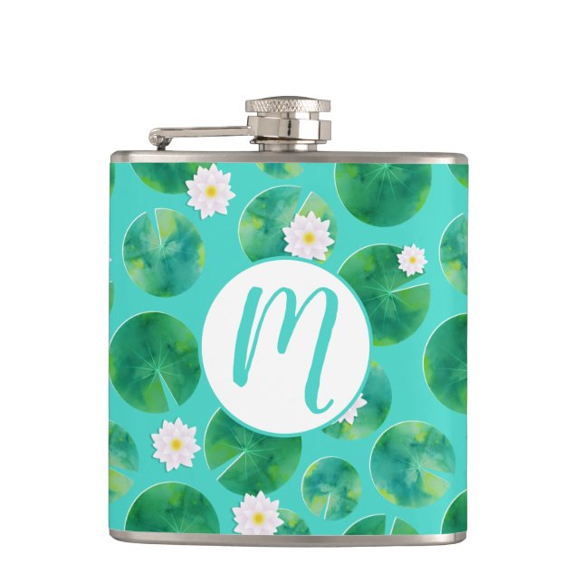 White Water Lily Flowers & Lily Pad Pattern Hip Flask (Front)