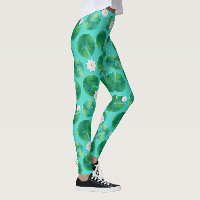White Water Lily Flowers & Lily Pad Pattern Leggings (Right)
