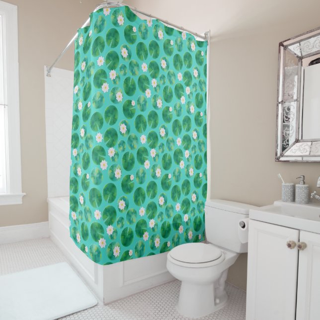 White Water Lily Flowers & Lily Pad Pattern Shower Curtain (In Situ)