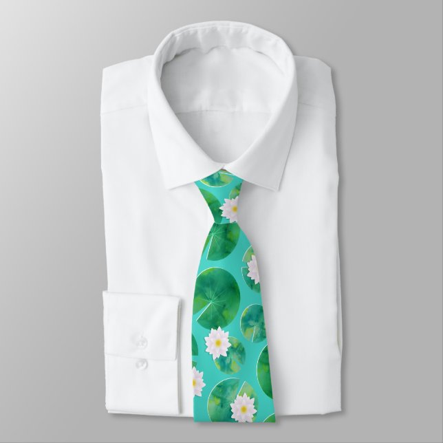 White Water Lily Flowers & Lily Pad Pattern Tie (Tied)