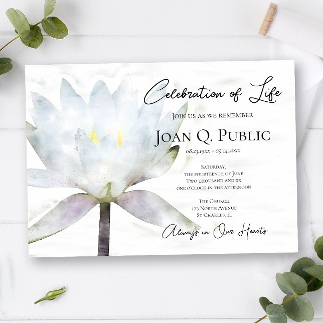 White Water Lily Watercolor Celebration of Life Invitation (Creator Uploaded)