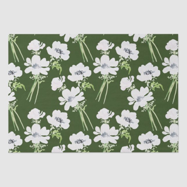 White watercolor anemone flowers on green tissue paper (Front)