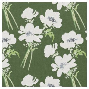 White watercolor anemones on a green background fabric
