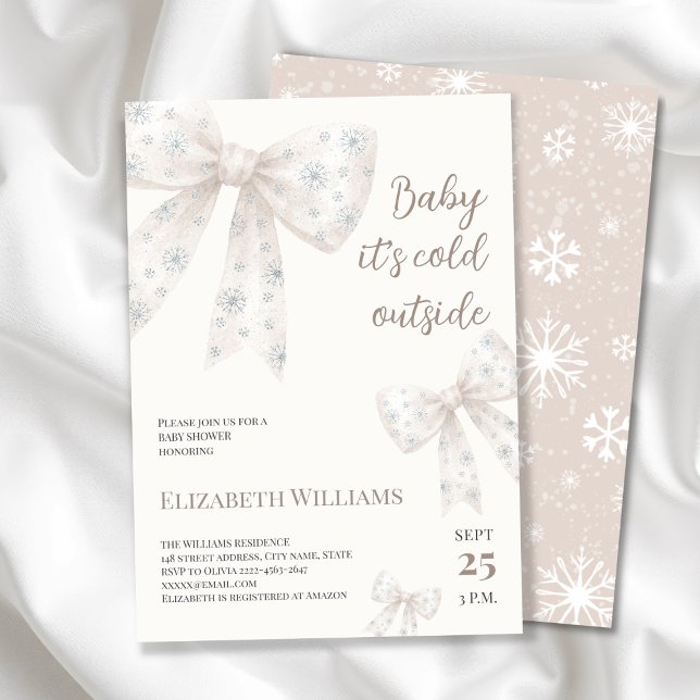 White Watercolor Bow Baby Shower Invitation (Winter Baby Shower Invitation | Baby It’s Cold Outside Theme with beige neutral Snowflake Bows)