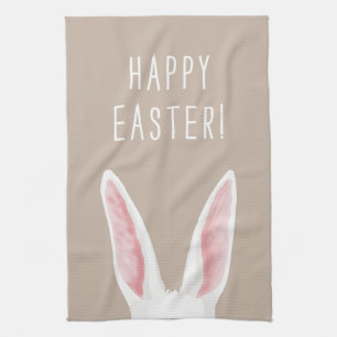 White Watercolor Bunny Ears On Beige Happy Easter Tea Towel