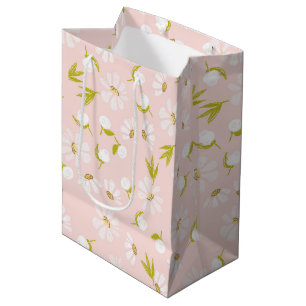 White Watercolor Daisies On Pink  Medium Gift Bag