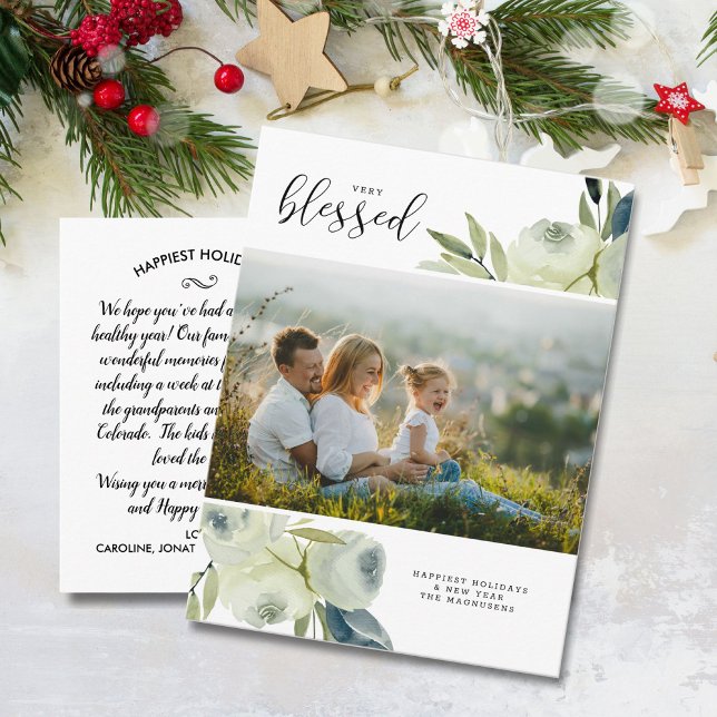 White Watercolor Floral Blessed Holiday Photo Postcard (Creator Uploaded)