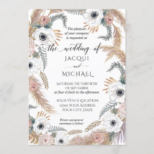 White Watercolor Floral BOHO Pampas Grass Tropical Invitation