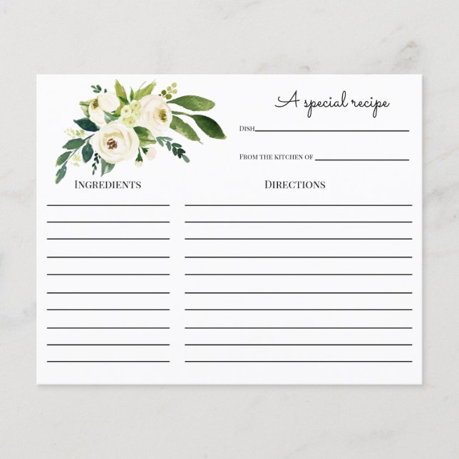 White Watercolor Floral Bridal Shower Recipe card (Front)