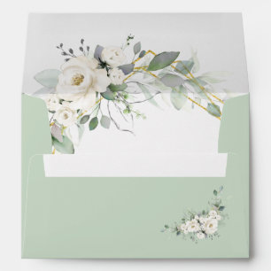 white watercolor floral green wedding envelope