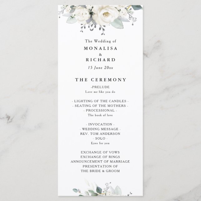 White watercolor floral greenery wedding program programme (Front)