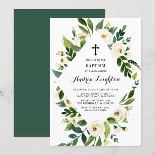 White Watercolor Floral Leaves Frame Baptism Invitation