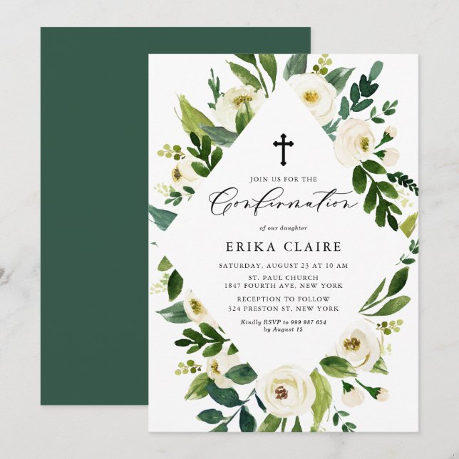 White Watercolor Floral Leaves Frame Confirmation Invitation (Front/Back)