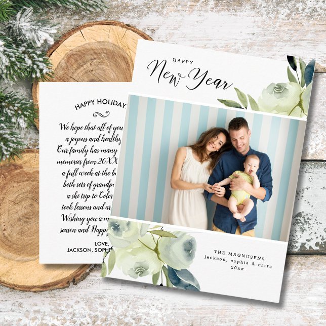 White Watercolor Floral New Year Family Photo Postcard (Creator Uploaded)