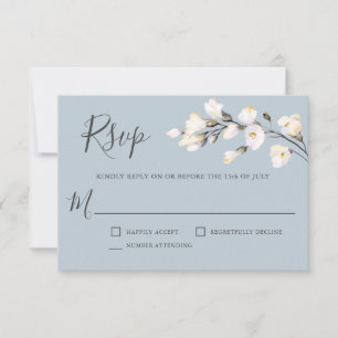 White Watercolor Floral on Blue Wedding RSVP Card