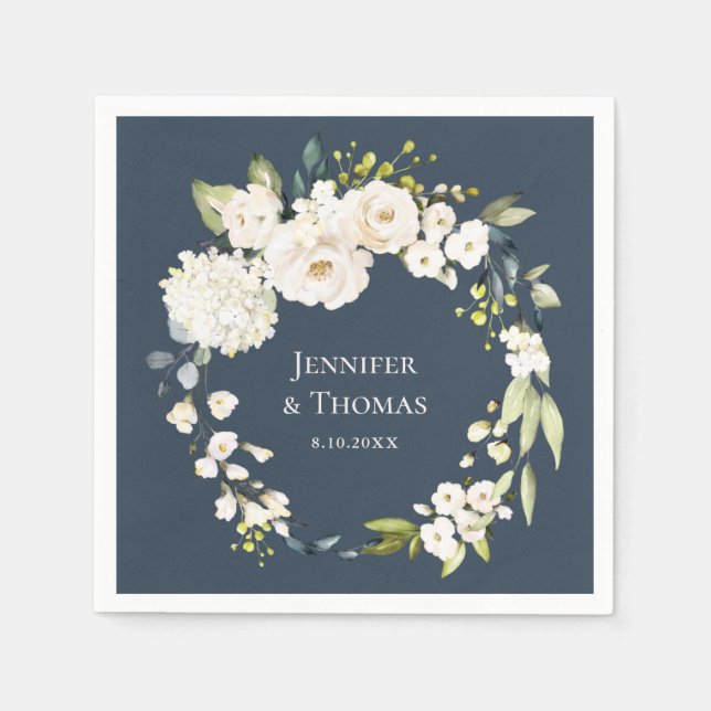 White Watercolor Floral on Navy Blue Wedding Napkin (Front)